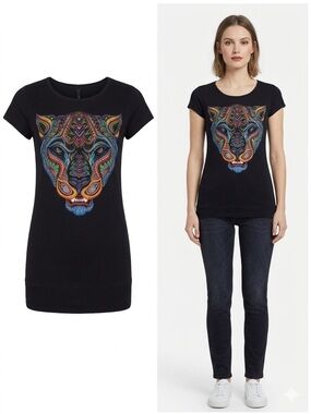 Black Short-Sleeve Tee with Multicolor Panther Graphic